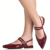 Sapatilha Feminina Slingback Bico Fino com Fivelas Social Casual Marsala