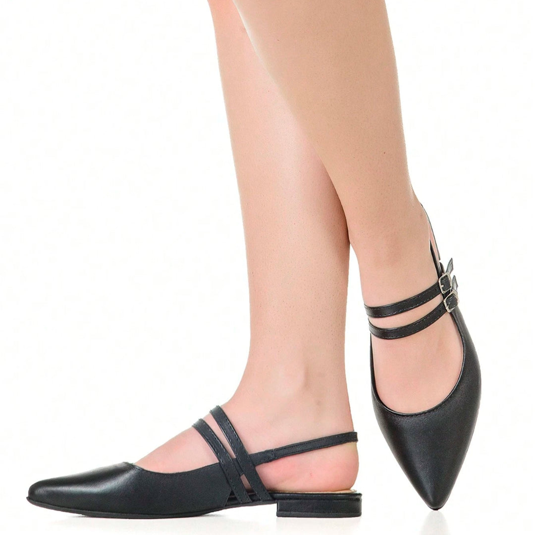 Sapatilha Feminina Slingback Bico Fino com Fivelas Social Casual Preta