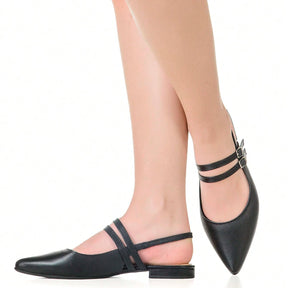 Sapatilha Feminina Slingback Bico Fino com Fivelas Social Casual Preta