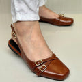 Sapatilha Feminina Slingback Bico Quadrado com Fivelas Caramelo