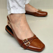 Sapatilha Feminina Slingback Bico Quadrado com Fivelas Caramelo