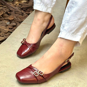 Sapatilha Feminina Slingback Bico Quadrado com Fivelas Marsala