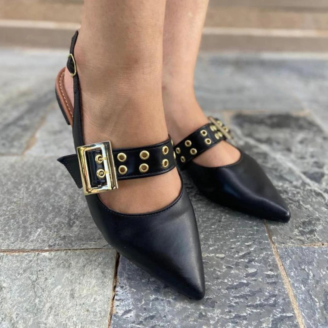 Sapatilha Feminina Slingback com Fivela e Ilhós Preta
