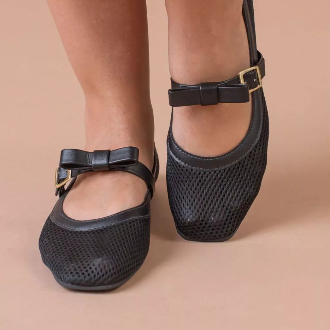 Sapatilha Feminina de Telinha Transparente e Laço Preta