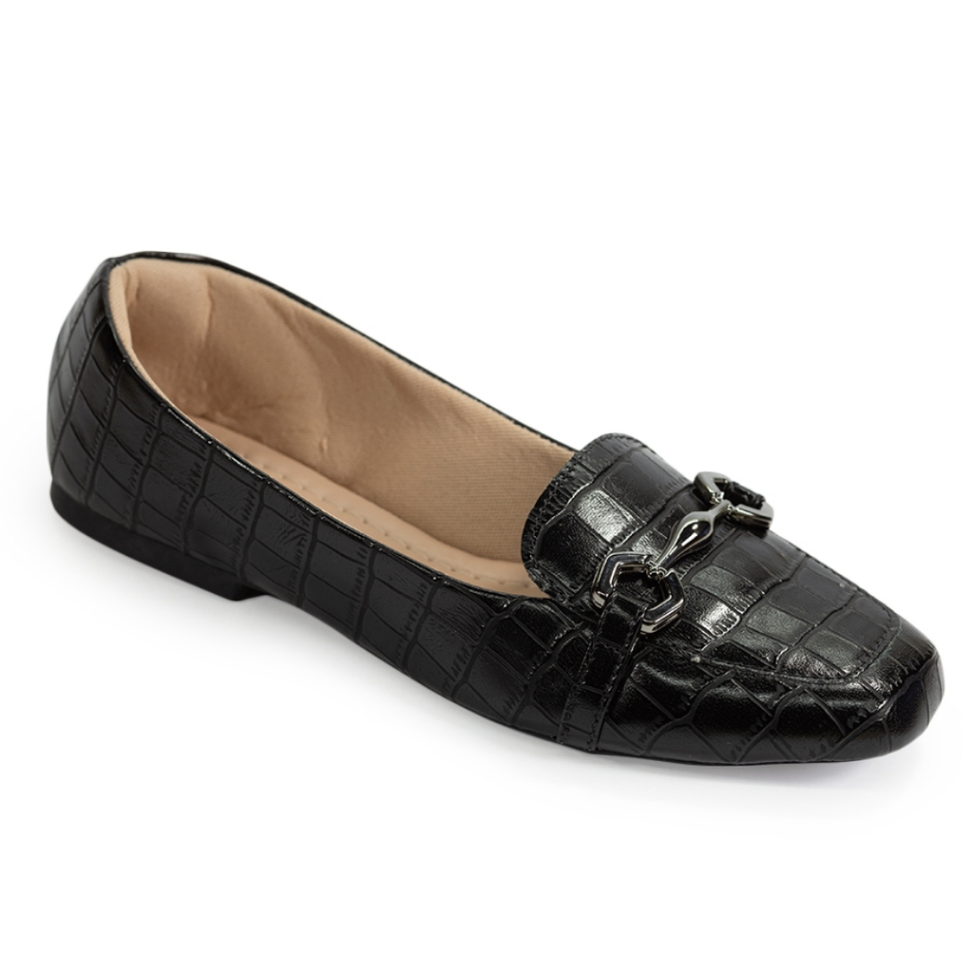Sapatilha Mocassim Feminina Bico quadrado Preto Croco