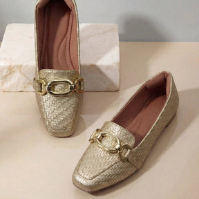 Sapatilha Mocassim Feminina Tressê | Dourado com Enfeite Retangular