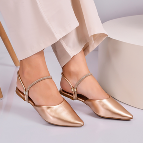 Sapatilha Mule Feminina Bico Fino 2 em 1 com Strass e Regulagem Cobre
