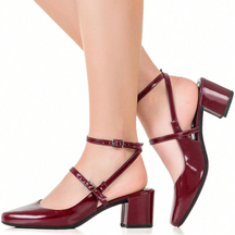 Sapato Feminino Boneca Slingback Salto Grosso Bico Quadrado Bordô