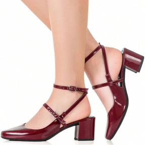 Sapato Feminino Boneca Slingback Salto Grosso Bico Quadrado Bordô