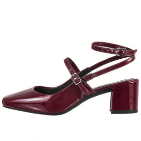 Sapato Feminino Boneca Slingback Salto Grosso Bico Quadrado Bordô