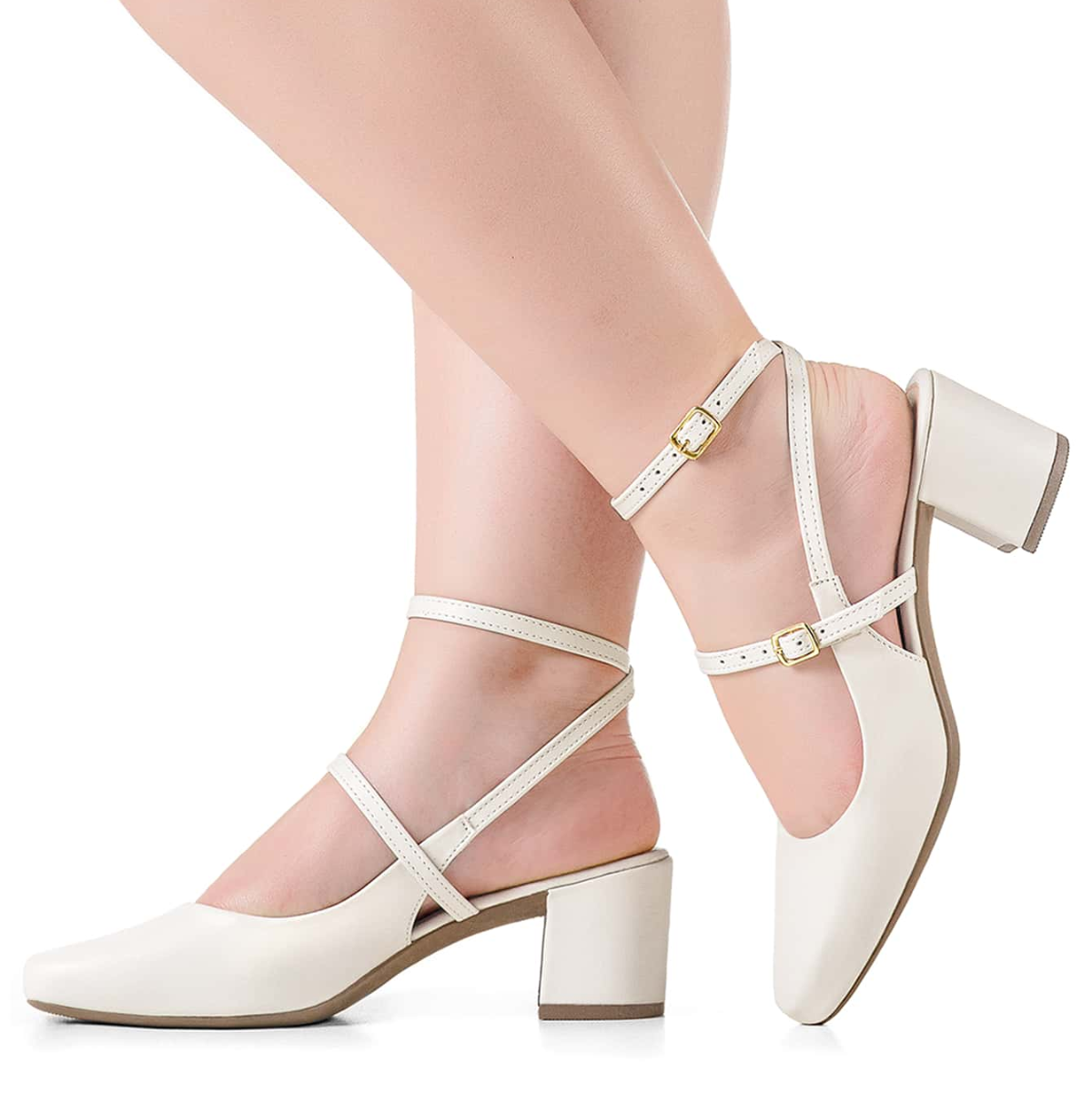 Sapato Feminino Boneca Slingback Salto Grosso Bico Quadrado Branco