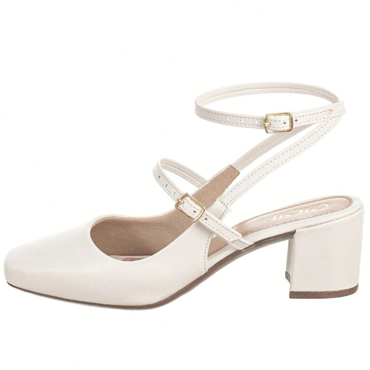 Sapato Feminino Boneca Slingback Salto Grosso Bico Quadrado Branco