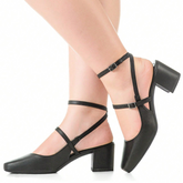 Sapato Feminino Boneca Slingback Salto Grosso Bico Quadrado Preto