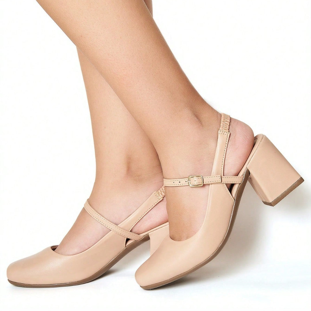 Sapato Feminino Mary Jane Salto Bloco Bico Quadrado Modelo Romântico Bege
