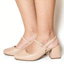 Sapato Feminino Mary Jane Salto Bloco Bico Quadrado Modelo Romântico Bege