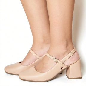 Sapato Feminino Mary Jane Salto Bloco Bico Quadrado Modelo Romântico Bege