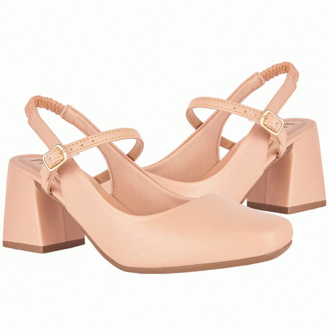 Sapato Feminino Mary Jane Salto Bloco Bico Quadrado Modelo Romântico Bege