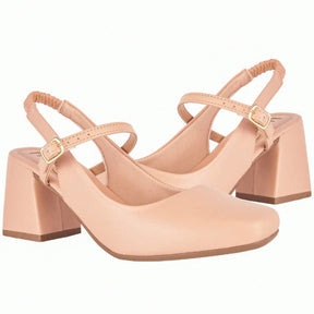 Sapato Feminino Mary Jane Salto Bloco Bico Quadrado Modelo Romântico Bege