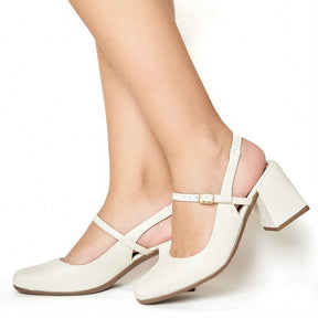 Sapato Feminino Mary Jane Salto Bloco Bico Quadrado Modelo Romântico Branco