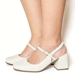 Sapato Feminino Mary Jane Salto Bloco Bico Quadrado Modelo Romântico Branco