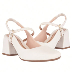 Sapato Feminino Mary Jane Salto Bloco Bico Quadrado Modelo Romântico Branco