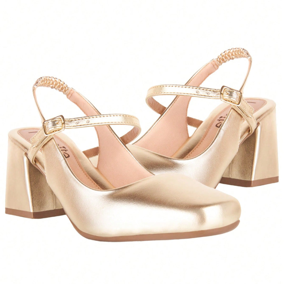 Sapato Feminino Mary Jane Salto Bloco Bico Quadrado Modelo Romântico Dourado
