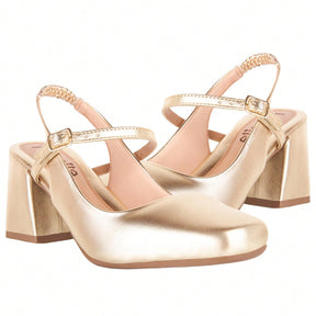 Sapato Feminino Mary Jane Salto Bloco Bico Quadrado Modelo Romântico Dourado