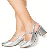 Sapato Feminino Mary Jane Salto Bloco Bico Quadrado Modelo Romântico Prata