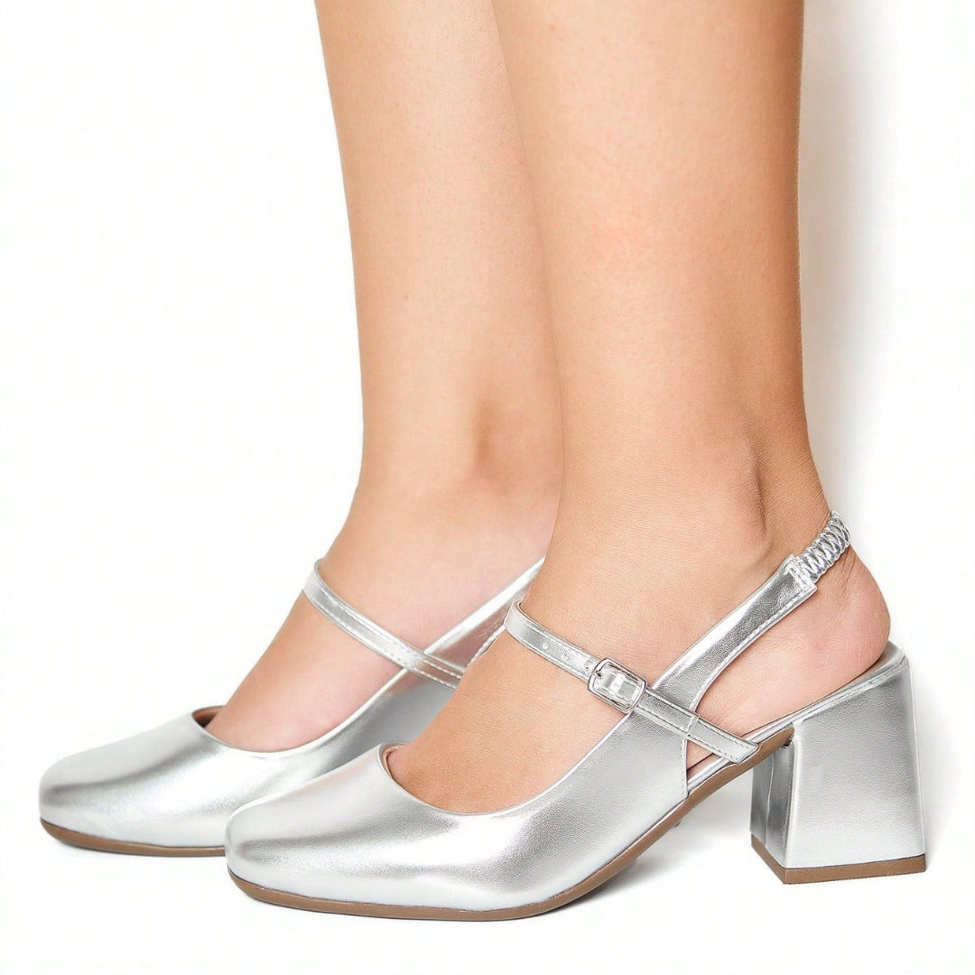 Sapato Feminino Mary Jane Salto Bloco Bico Quadrado Modelo Romântico Prata