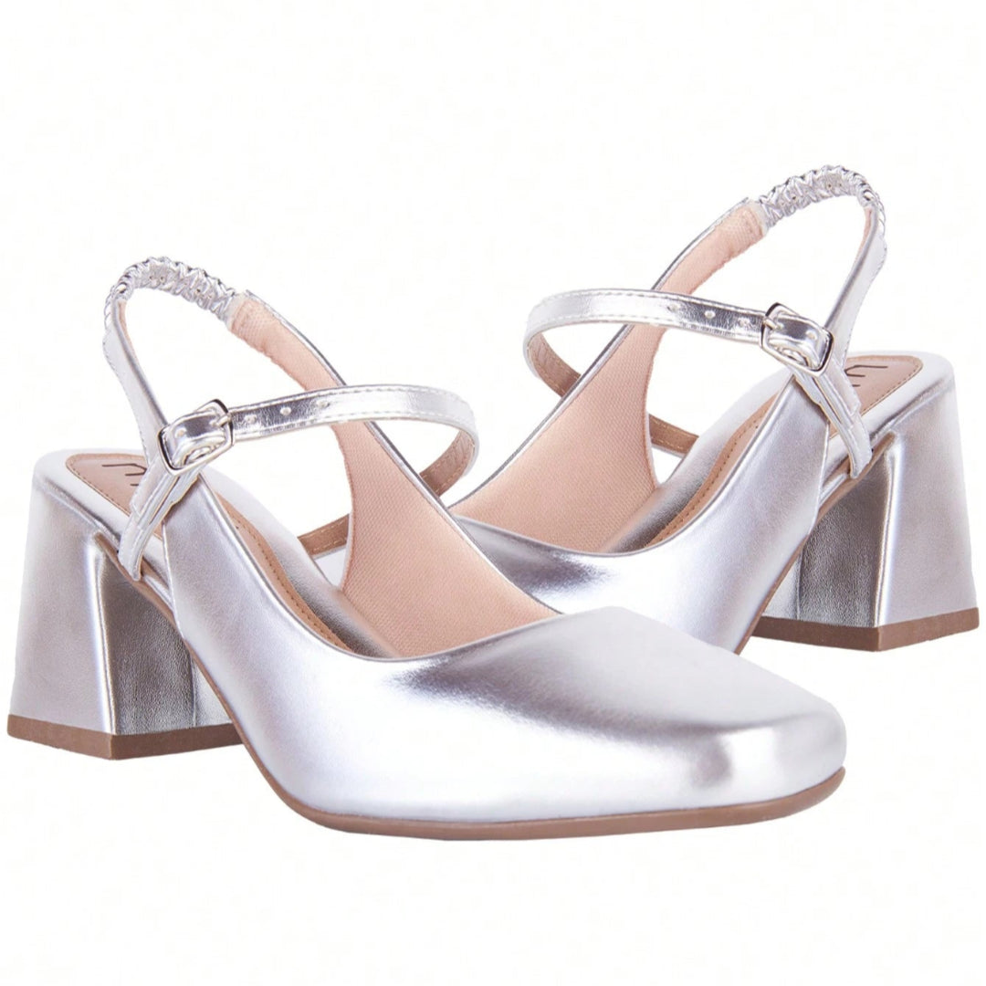 Sapato Feminino Mary Jane Salto Bloco Bico Quadrado Modelo Romântico Prata