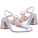 Sapato Feminino Mary Jane Salto Bloco Bico Quadrado Modelo Romântico Prata