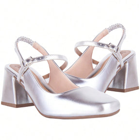 Sapato Feminino Mary Jane Salto Bloco Bico Quadrado Modelo Romântico Prata