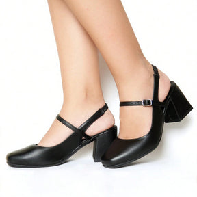 Sapato Feminino Mary Jane Salto Bloco Bico Quadrado Modelo Romântico Preto
