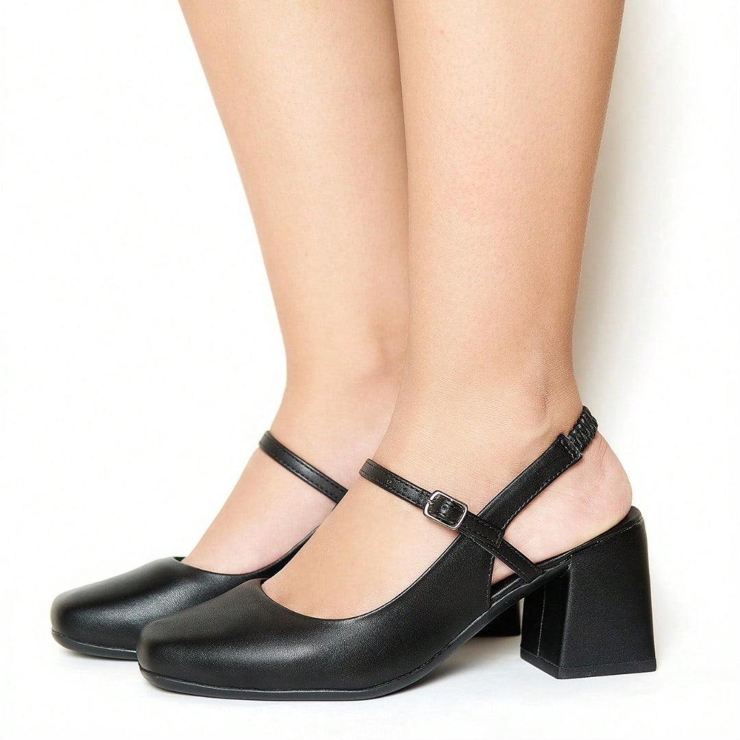 Sapato Feminino Mary Jane Salto Bloco Bico Quadrado Modelo Romântico Preto