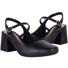 Sapato Feminino Mary Jane Salto Bloco Bico Quadrado Modelo Romântico Preto