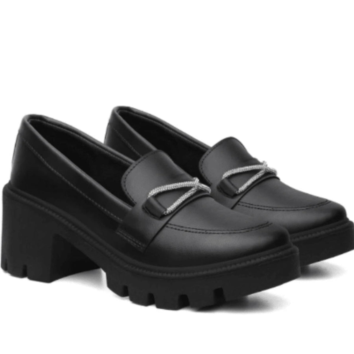 Sapato Mocassim Salto Bloco Tratorado com Detalhe Brilhante Preto