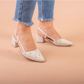 Scapin Feminino Slingback  Bico Fino Salto Bloco Baixo Confortável e Aplicações Branco