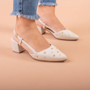 Scapin Feminino Slingback  Bico Fino Salto Bloco Baixo Confortável e Aplicações Branco