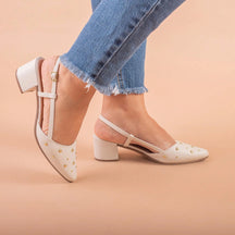 Scapin Feminino Slingback  Bico Fino Salto Bloco Baixo Confortável e Aplicações Branco