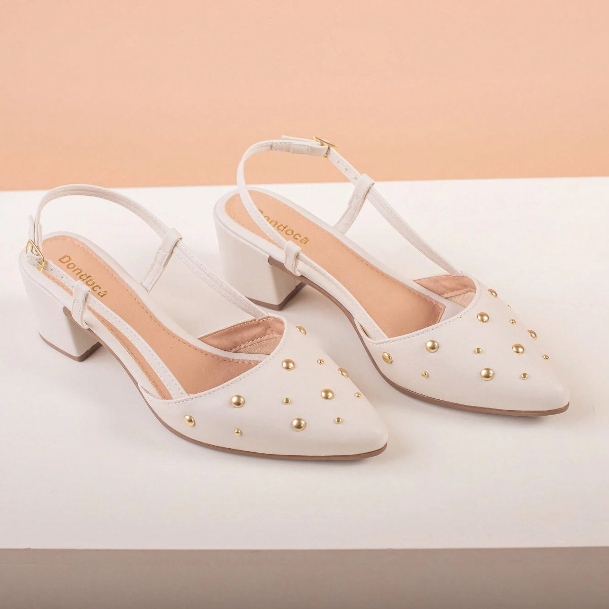 Scapin Feminino Slingback  Bico Fino Salto Bloco Baixo Confortável e Aplicações Branco