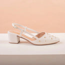 Scapin Feminino Slingback  Bico Fino Salto Bloco Baixo Confortável e Aplicações Branco