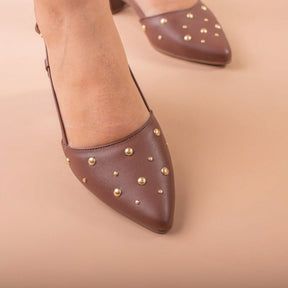 Scapin Feminino Slingback  Bico Fino Salto Bloco Baixo Confortável e Aplicações Marrom