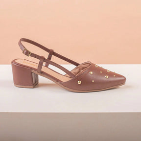 Scapin Feminino Slingback  Bico Fino Salto Bloco Baixo Confortável e Aplicações Marrom
