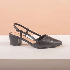 Scapin Feminino Slingback  Bico Fino Salto Bloco Baixo Confortável e Aplicações Preto