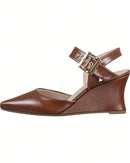Scarpin Feminino Bico Fino Salto Anabela Cunha Fivela Dourada Ajustável Caramelo