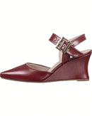 Scarpin Feminino Bico Fino Salto Anabela Cunha Fivela Dourada Ajustável Vermelho