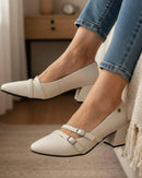 Scarpin Feminino Bico Fino Salto Bloco Baixo Duas Fivelas Branco