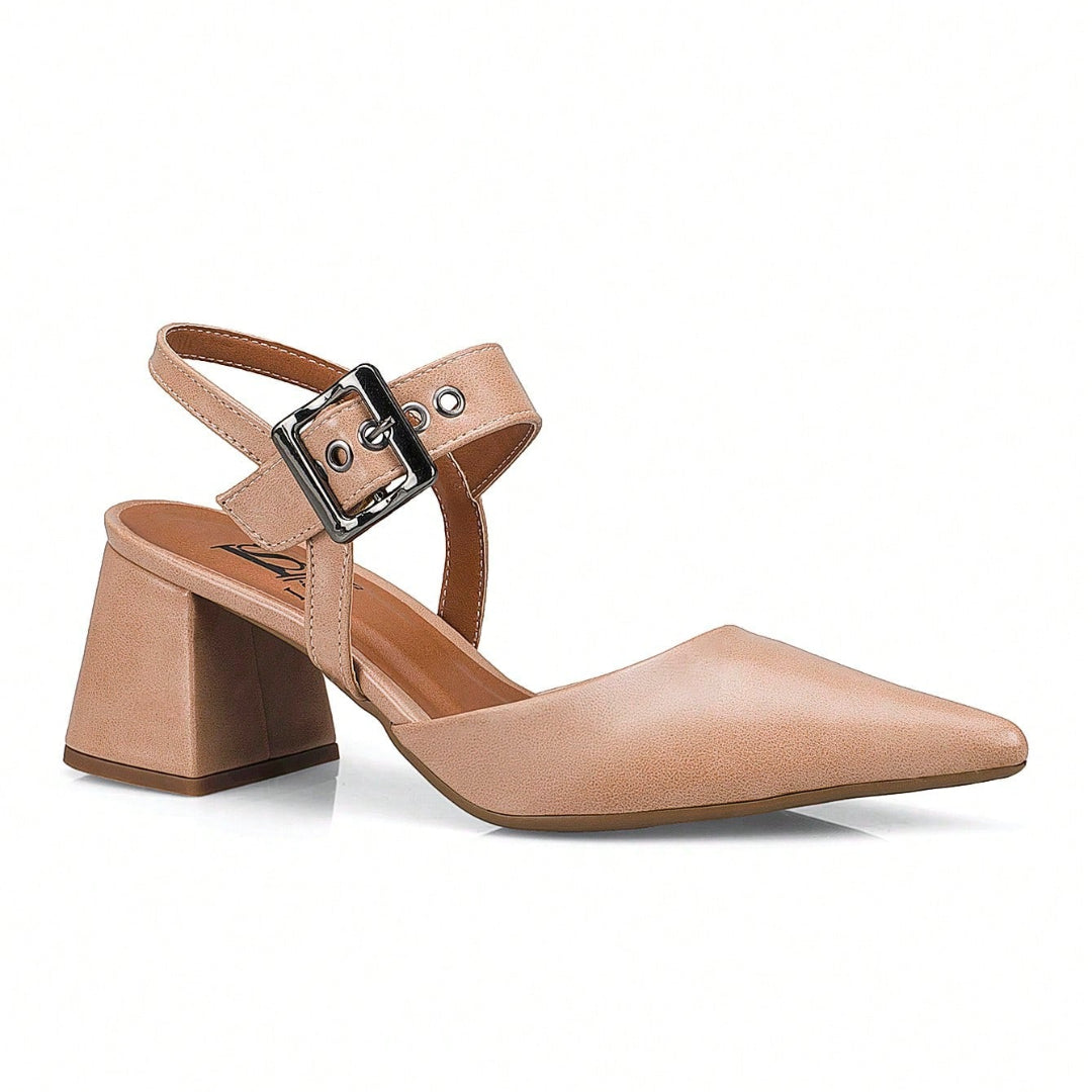 Scarpin Feminino Bico Fino Salto Bloco com Fivela Bege