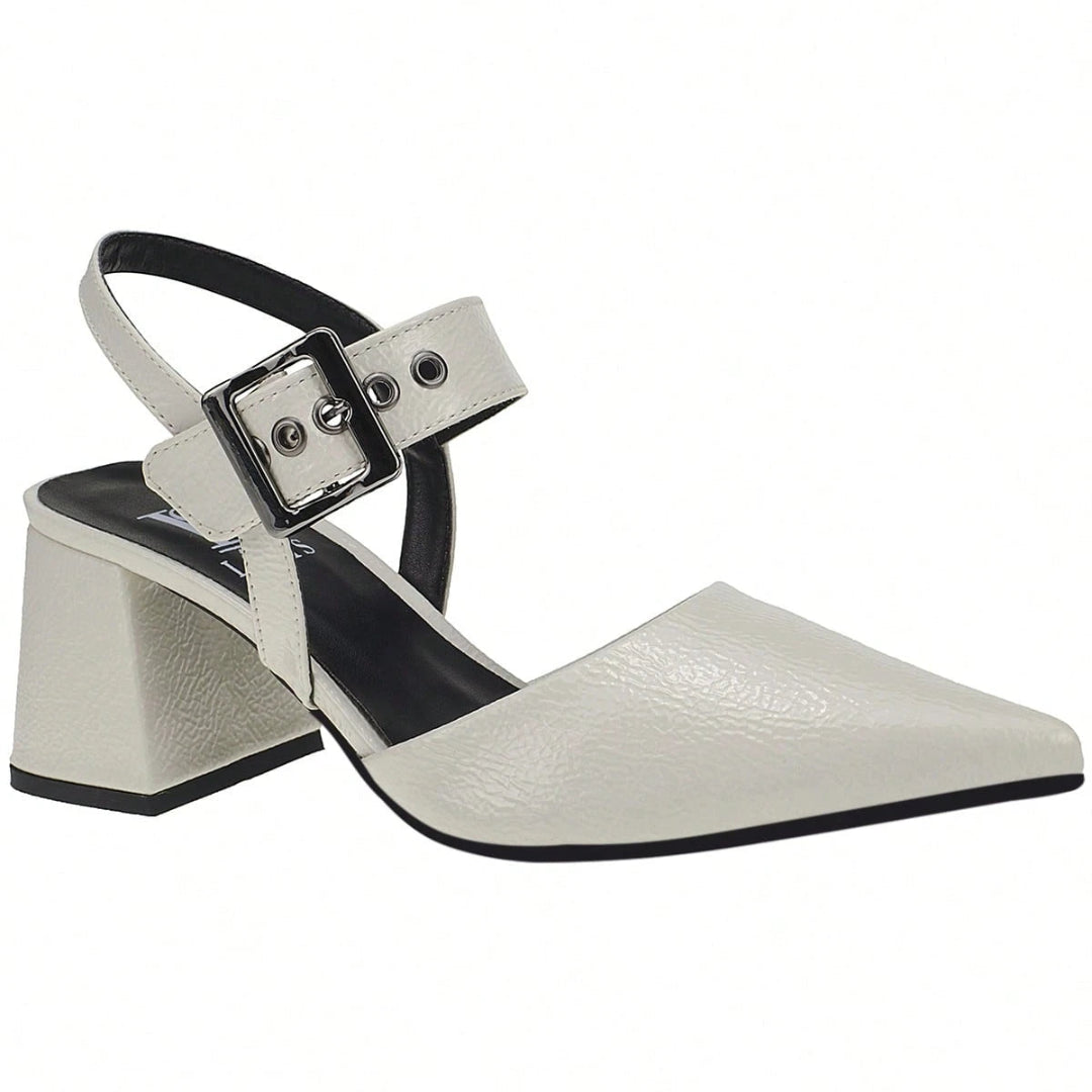 Scarpin Feminino Bico Fino Salto Bloco com Fivela Branco