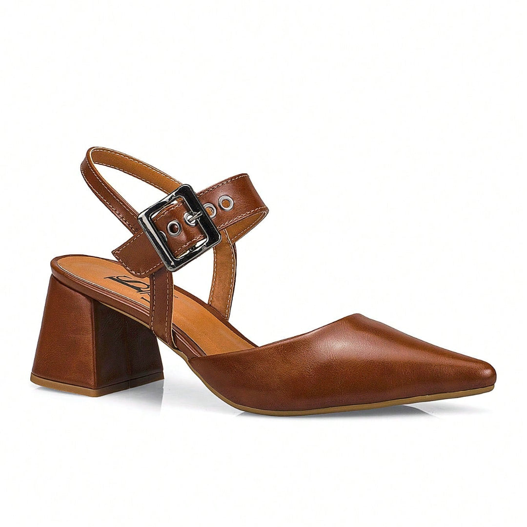 Scarpin Feminino Bico Fino Salto Bloco com Fivela Caramelo